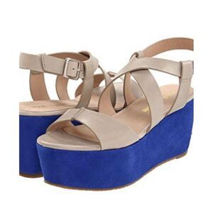 Pour La Victoire Beige and Blue Wedge Sandals